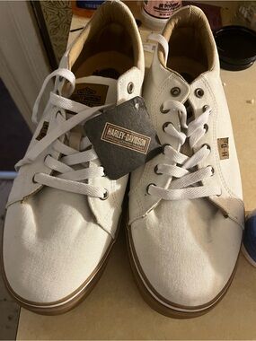 Harley-Davidson White and Brown Canvas Lace-Up Sneakers